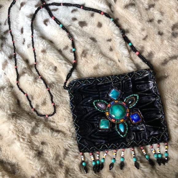 RARE 100% silk velvet artisan stone flower purse - Picture 3 of 16